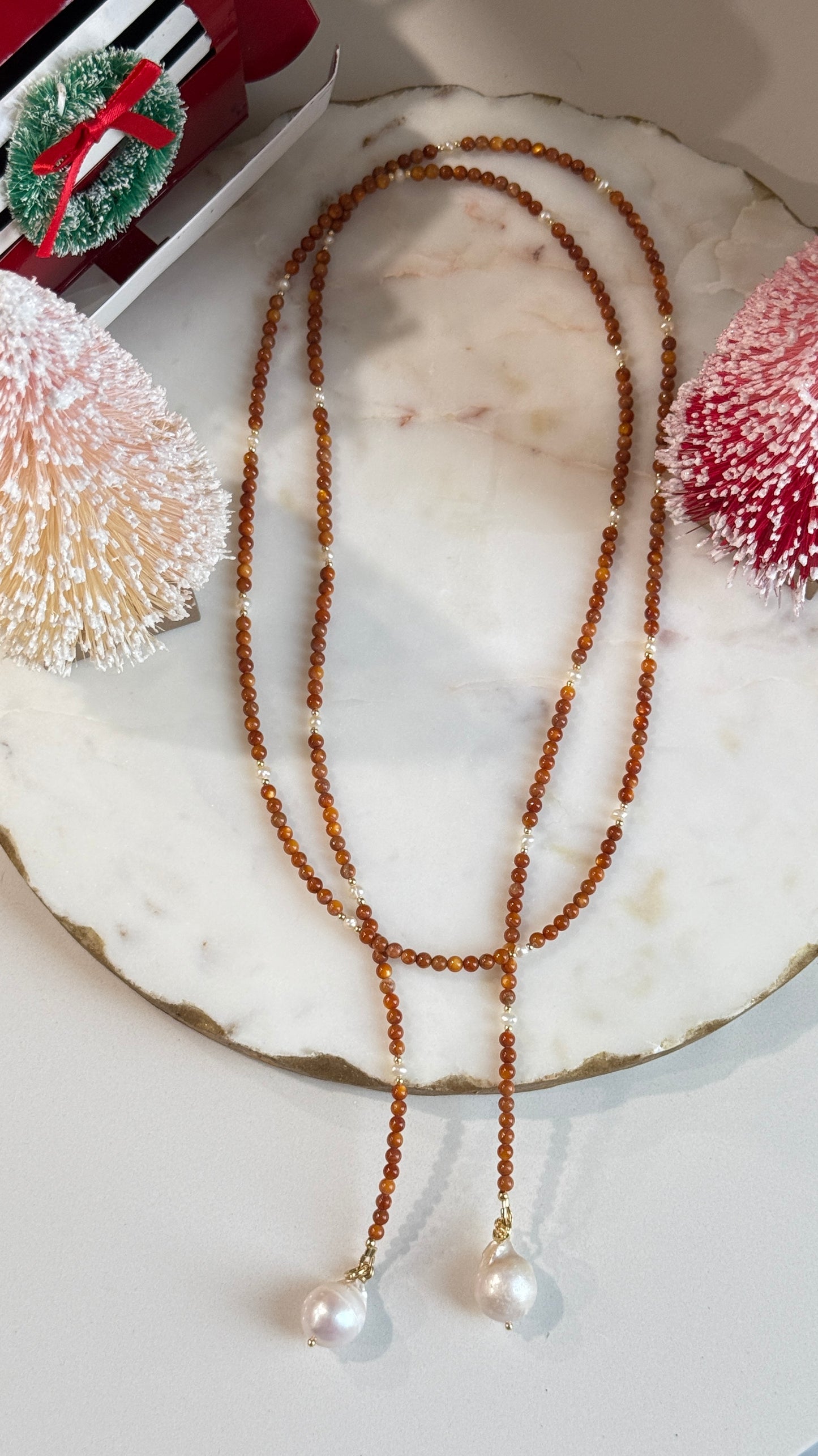 Collar doble vuelta en Beige ojo de tigre con perlas