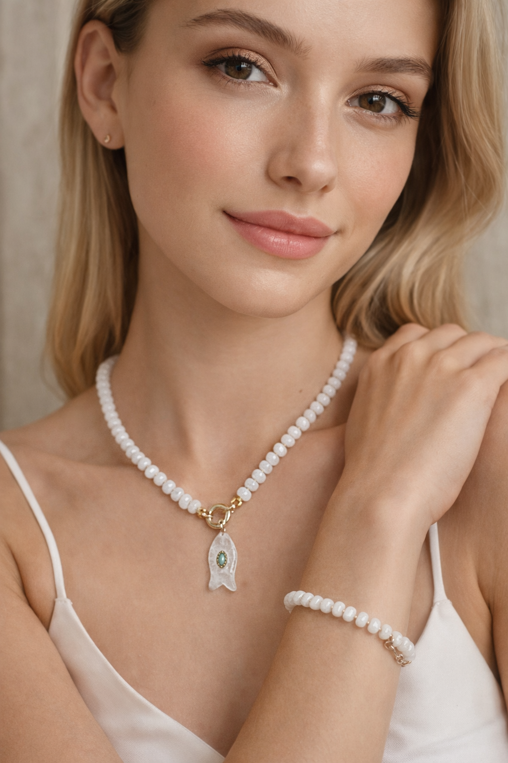 Collar Jade Blanco con Pez blanco + Pulsera