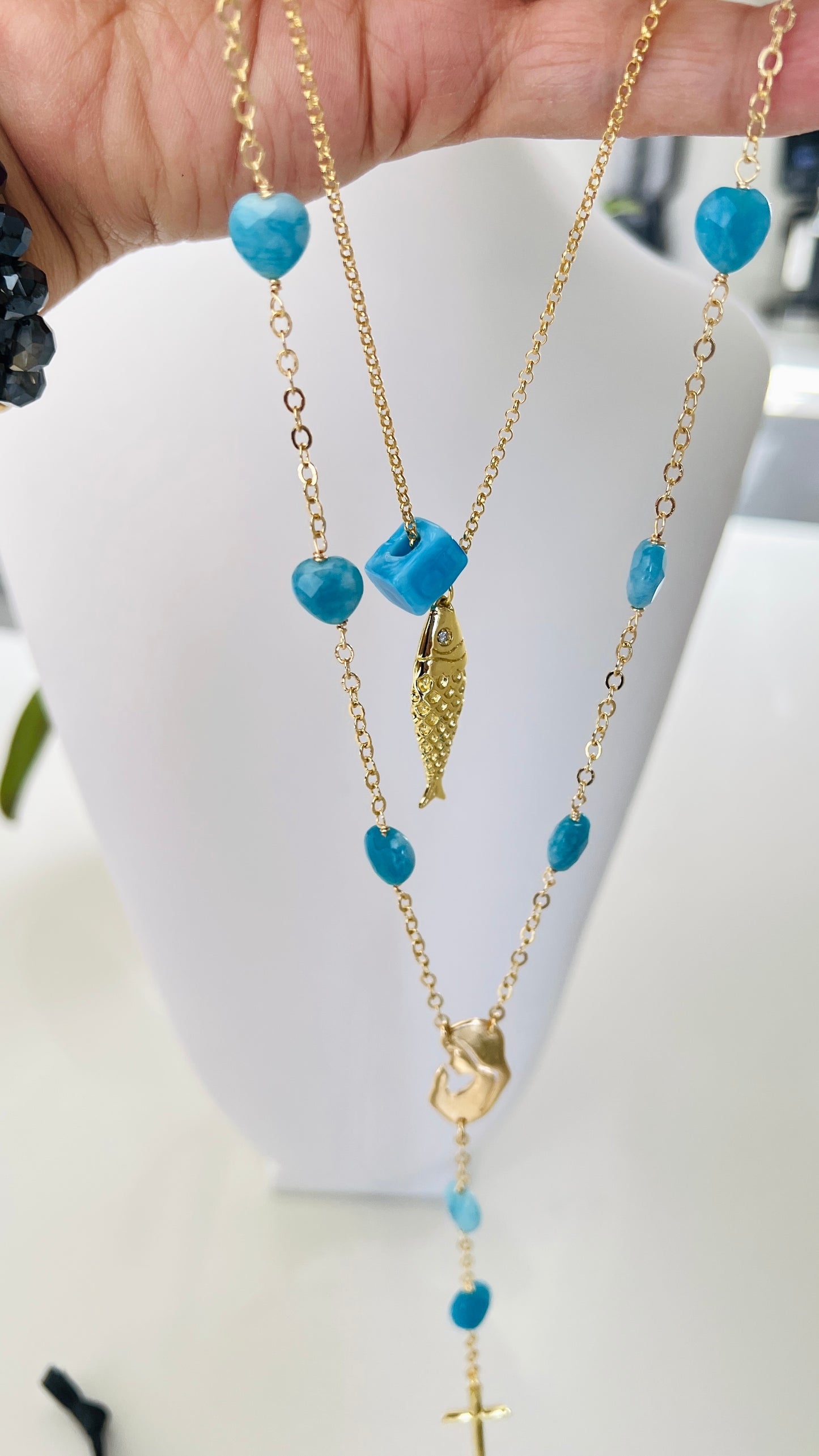 Set Collar Virgen y Pez turquesa