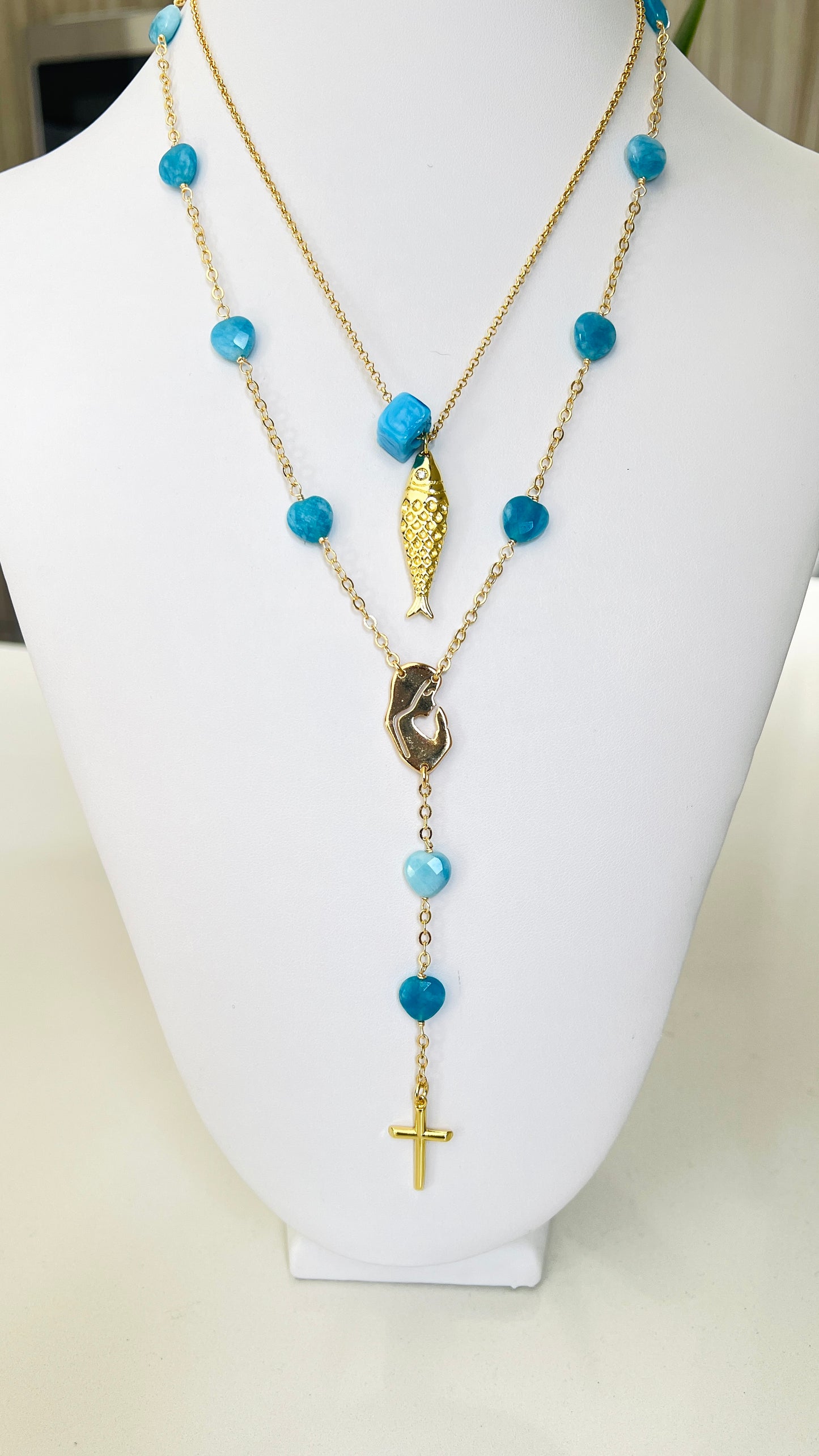 Set Collar Virgen y Pez turquesa